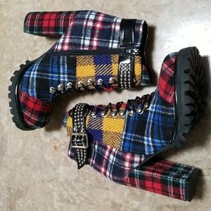 Jeffrey Campbell Lilith-2 Combat Plaid Heel Boots Size 8